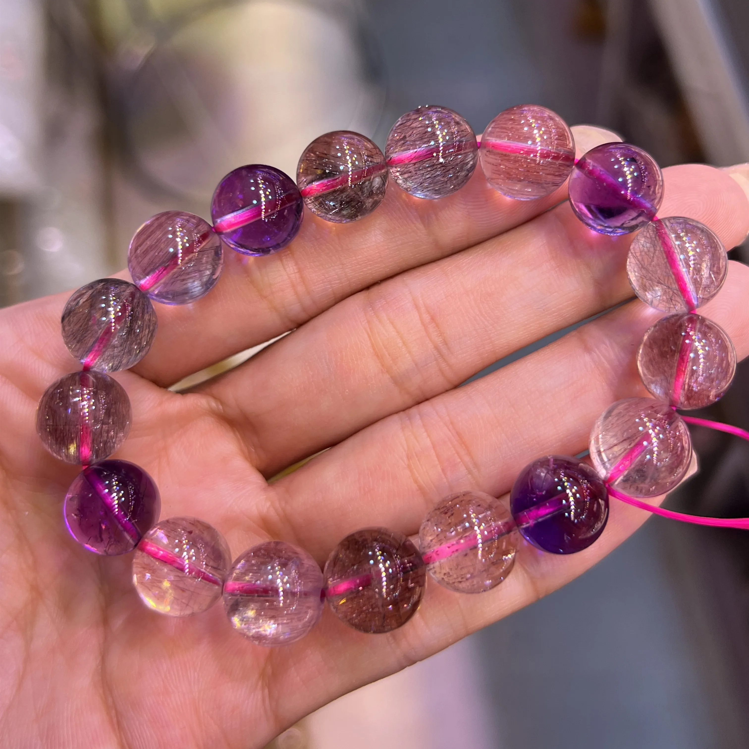 

Natural Super 7 Seven Red Lepidocrocite Quartz Bracelet Jewelry 11.7mm Woman Rutilated Quartz Clear Beads AAAAAAA