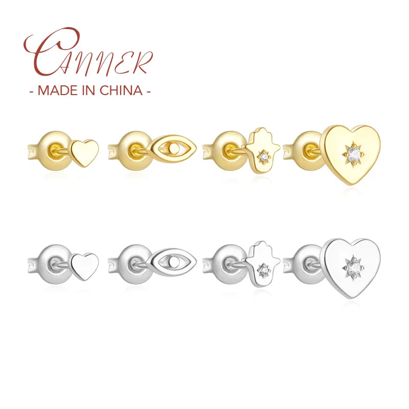 CANNER 4pcs S925 Sterling Silver Evil Eye Love Heart Zircon Piercing Stud Earrings Set for Women Jewelry Gift Brincos Pendientes