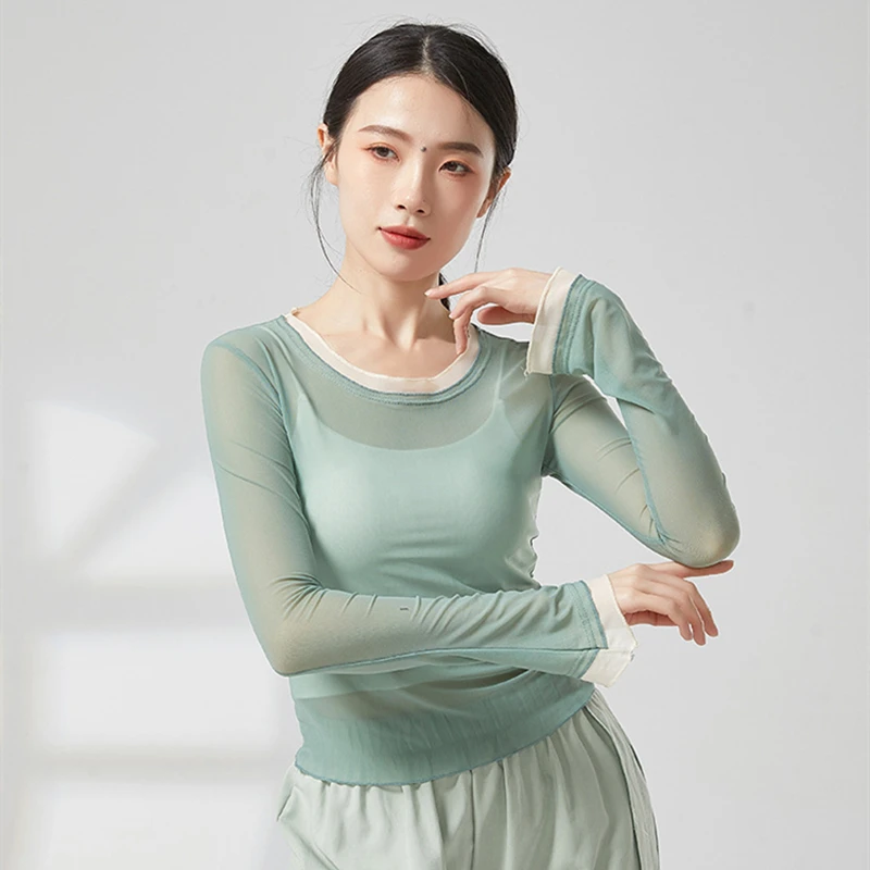 Modern Dance Top Women Gauze Mesh Long Sleeve Stretchy Sheer Shirt Spliced Color Neckline Outfit Yoga Classical Practice Clothes