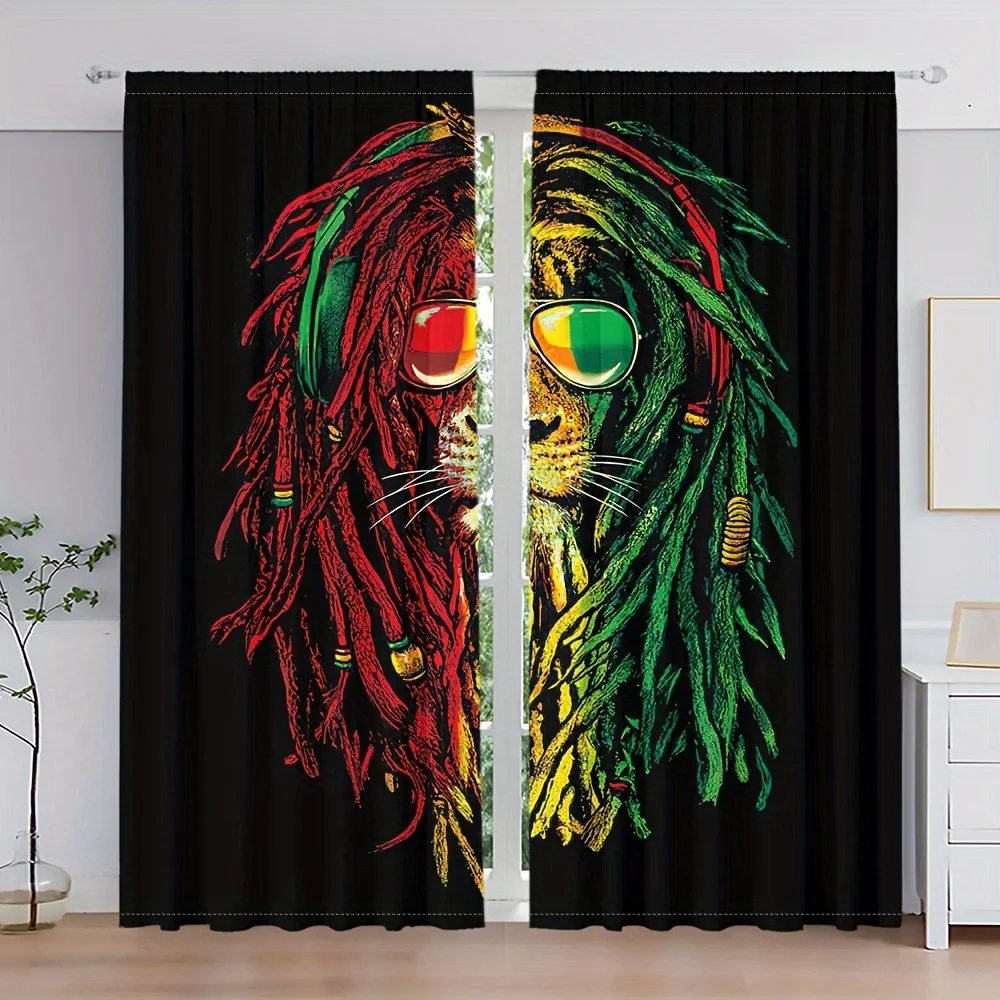 

2pcs Aesthetic Lion Flower Printed Curtain Rod Pocket Semi Blackout Window Curtains Sunscreen Decor Curtain For Living Room