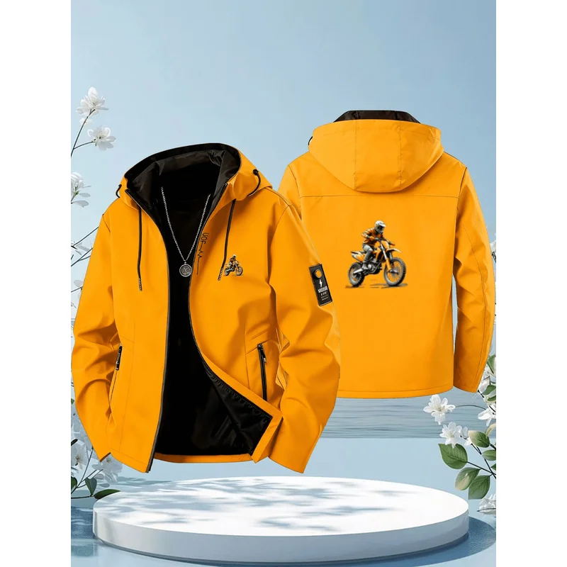 Motocross rider pattern men and women hooded jacket - outdoor adventure zippered pockets smooth fabric