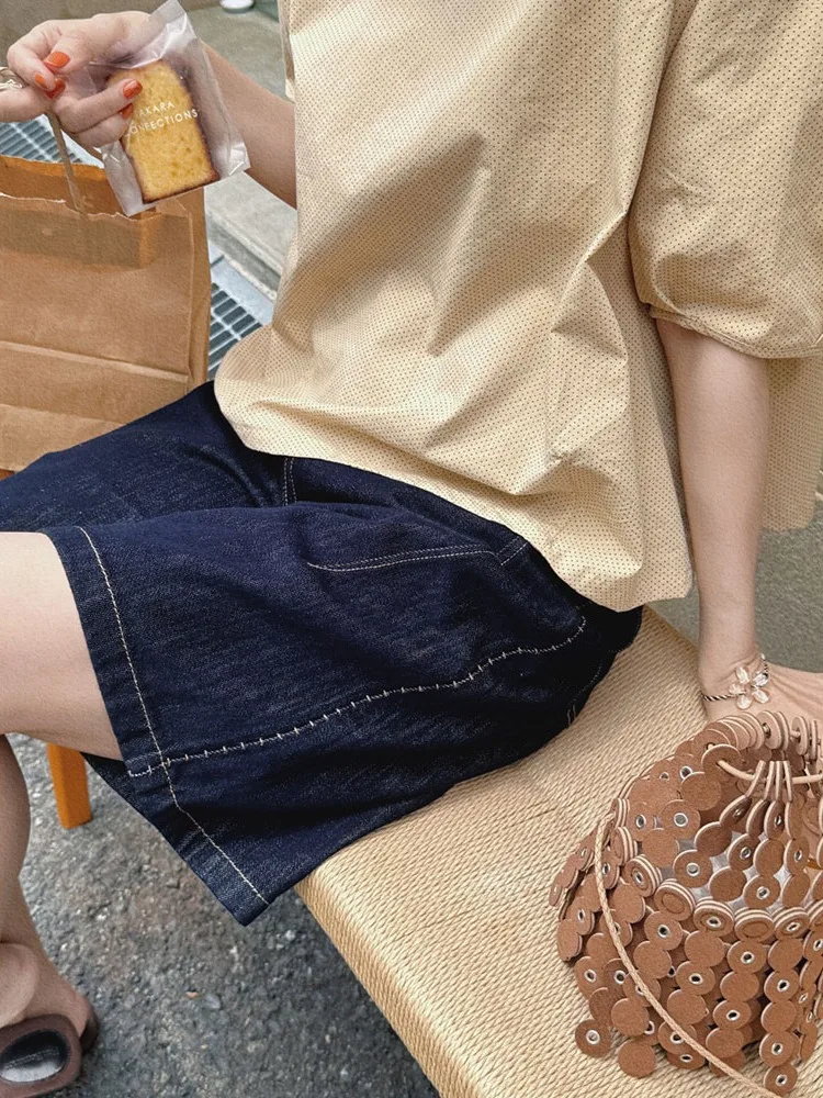 

Женские джинсовые шорты с высокой талией, летние, свободного кроя, с винтажным принтом, повседневные, из хлопка, эластичные, на молнии, с эффектом прохлады, глубокого цвета