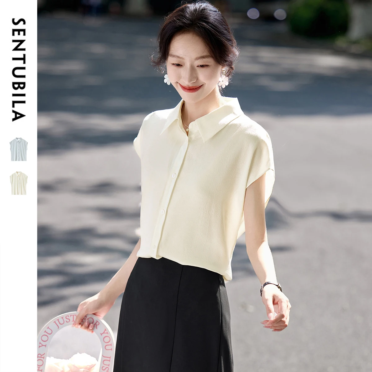

SENTUBILA Women's Shirt Fashion Lace Up Turn-Down Collar Blouse Loose Fit And Hollowed-out Design Shirt Female T52CA1809