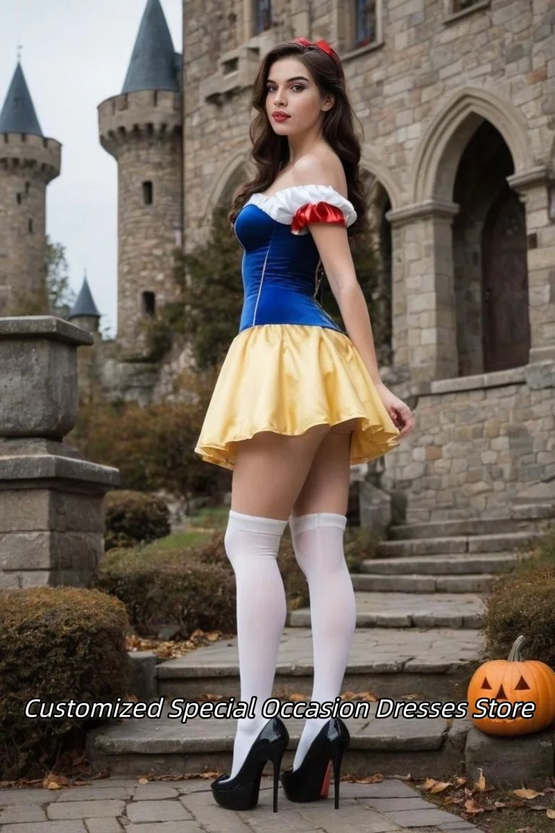 コスプレ白雪姫オフショルダーミニプロムドレスティアードフリル付きコミックコンベンションパーティードレスカクテルドレスカスタマイズ