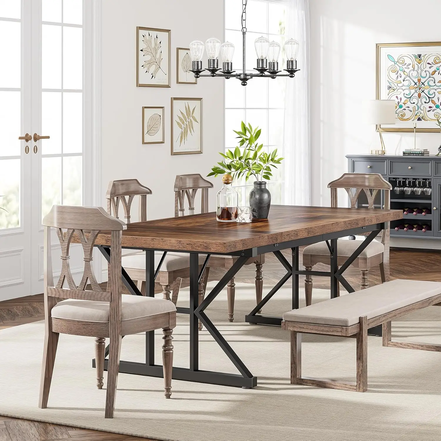 Rectangular Wood Dining Table, Rustic Kitchen Table with Heavy Duty Metal Legs for Dining Room