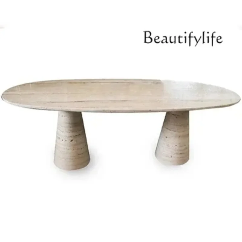 B3 BJ QNatural Marble Dining Table Living Room Wabi Style Designer Round Table Travertine Medieval Cone High-end Dining