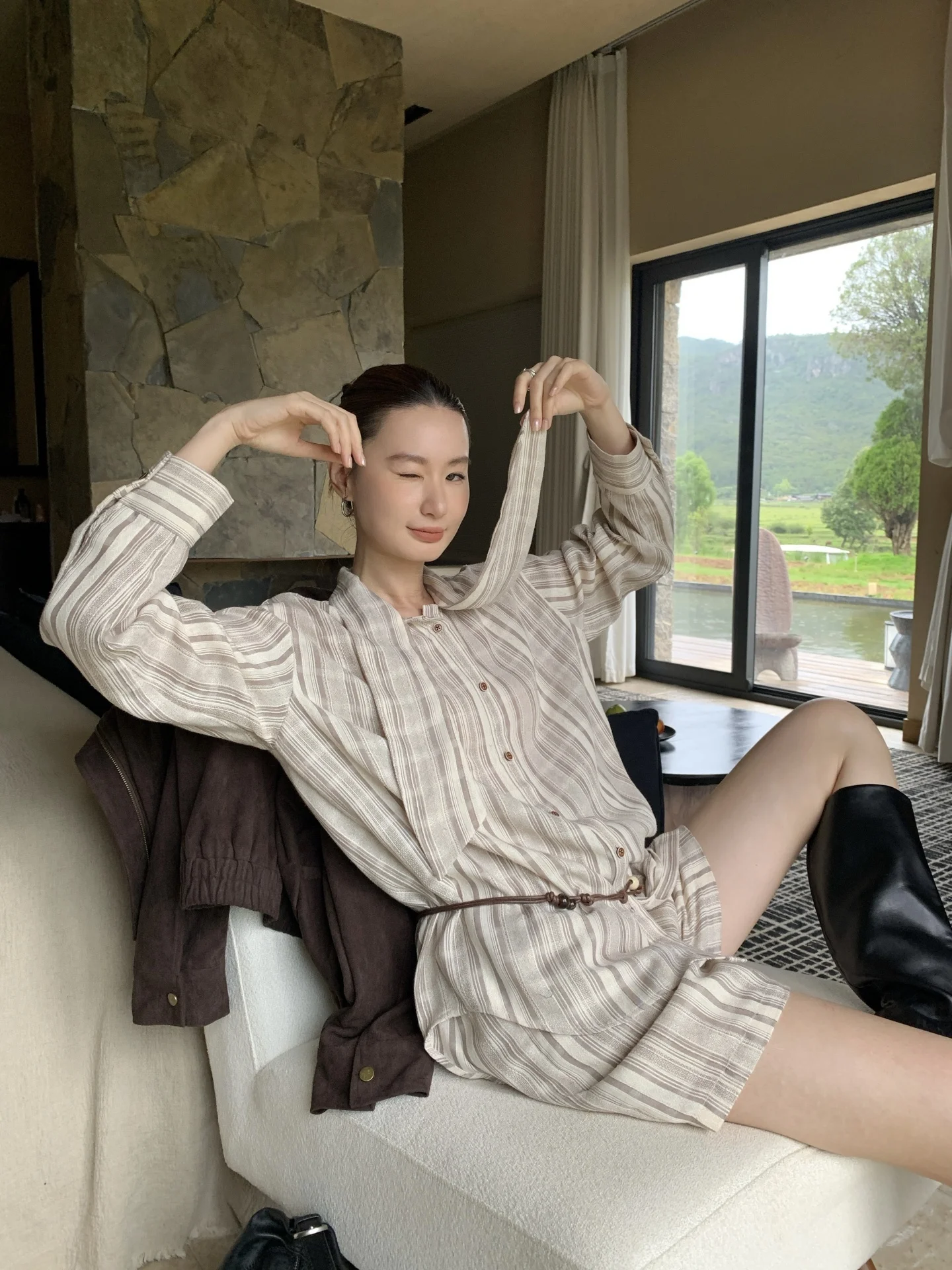 

Retro Striped Women's irt Casual Loose Long Sve Top Breathable Polyester Cotton Blend Comfortable All-Match Autumn Faion