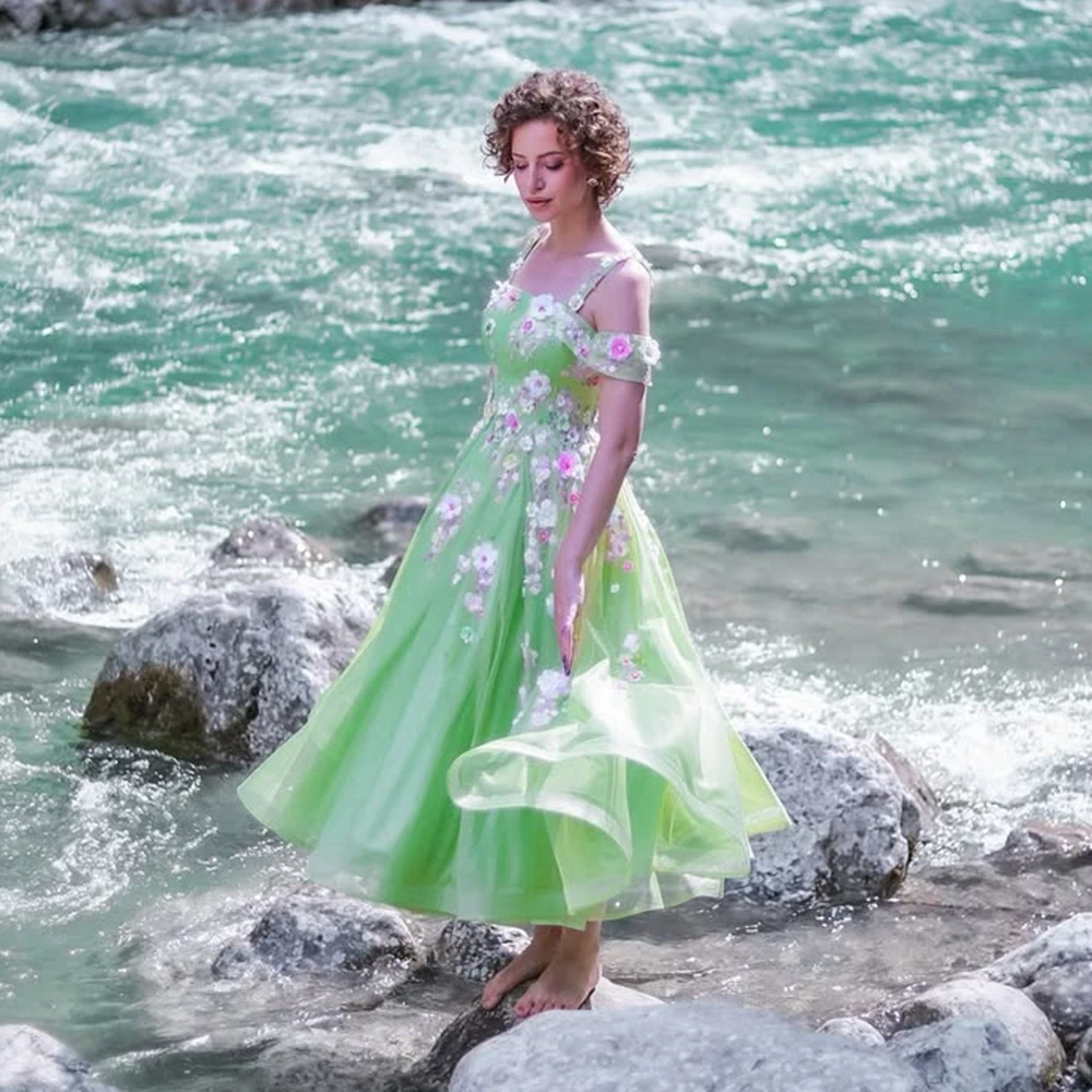 

Charming Green Mesh Floral Party Dress for Women Elegant Flowers Appliques Long Prom Gowns 3D Flower Special Occasions Dresses