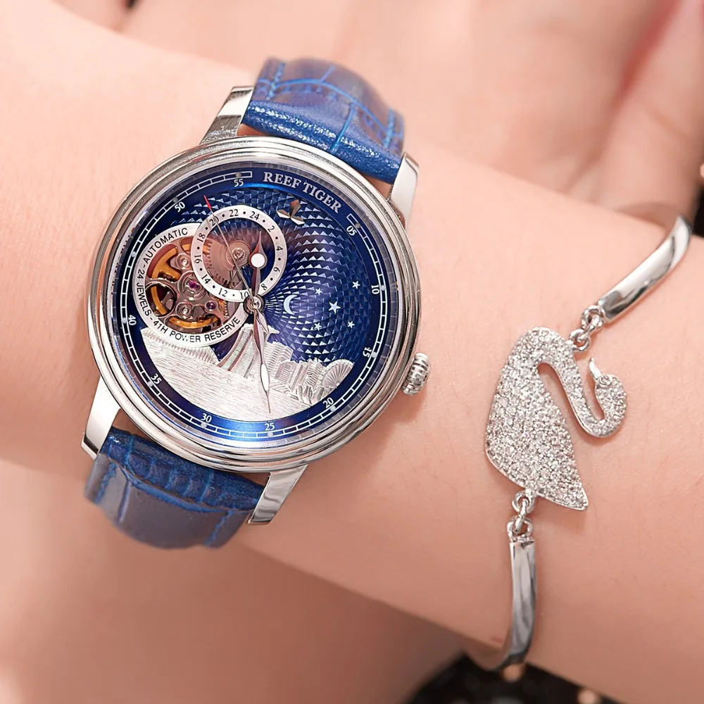 Reef Tiger/RT 2021 New Fashion Mechanical Watch For Women Men Blue Tourbillon Automatic Watch Leather Unisex Watches