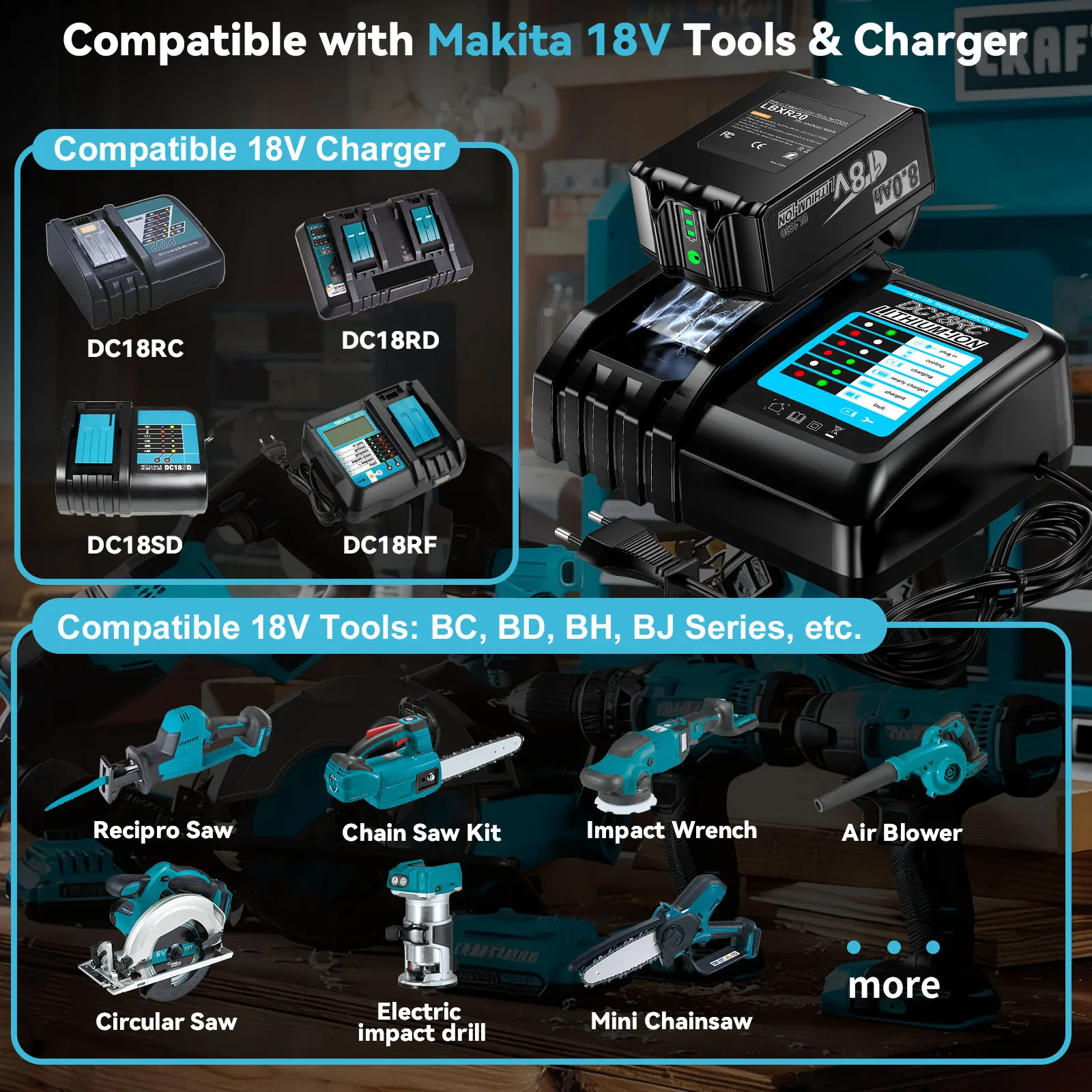 18V 8000mAh Ersatzakku für Makita BL1830, kompatibel mit Makita BL1830 BL1850 BL1860 BL1850B BL1840B 18V Elektrowerkzeug – Detail 5