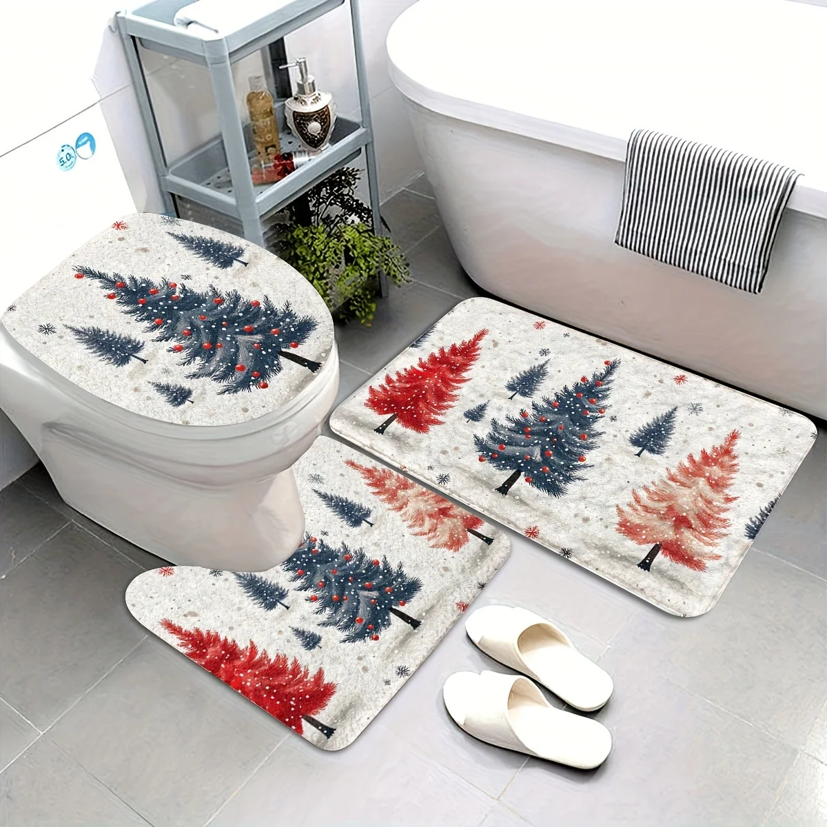 

3pcs Christmas Tree Pattern Printed Non-Slip Bath Mat Set - Machine-Washable U-Shaped Toilet Seat Cover with Red & Green Holiday