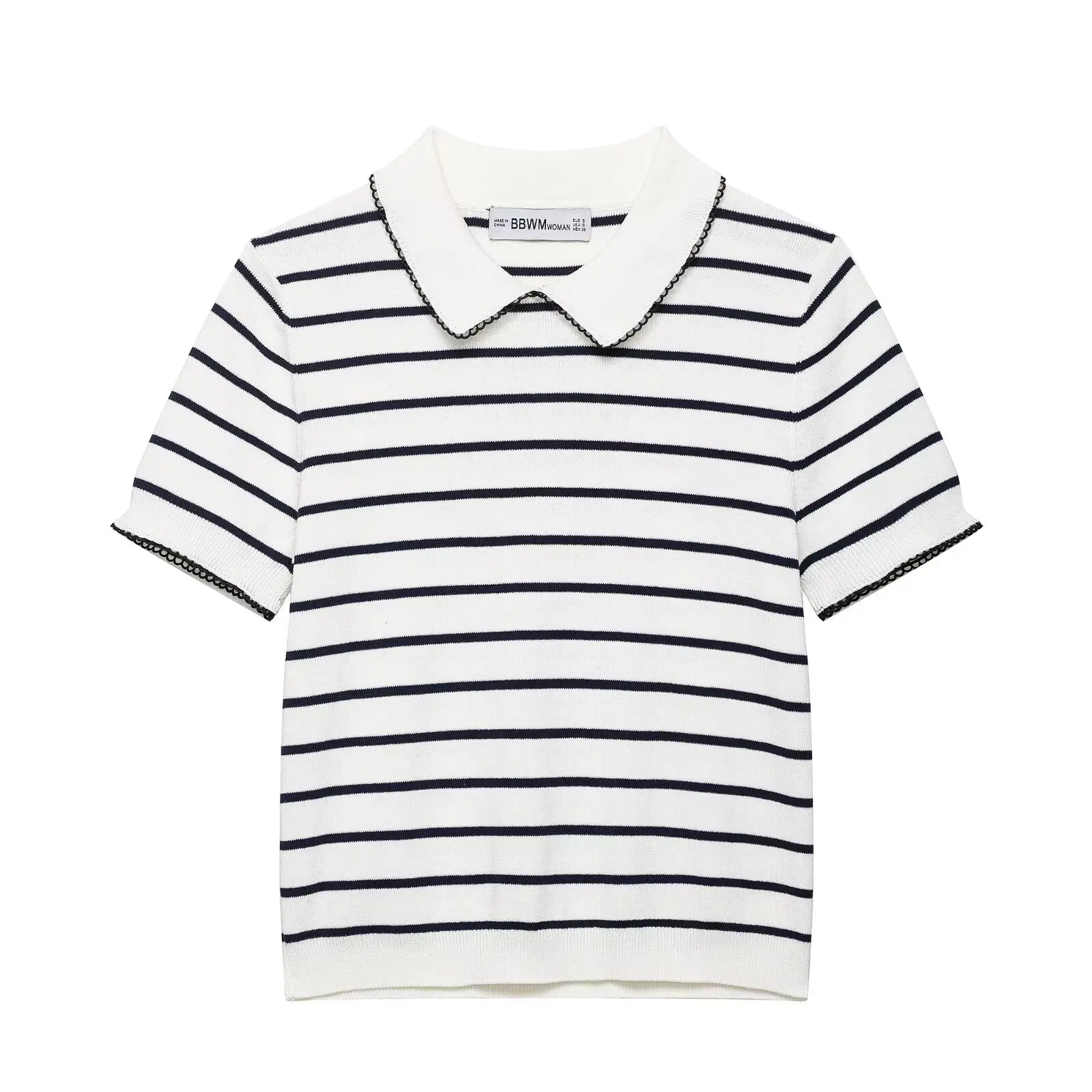 

New Women T Shirt Fashion Versatile Flip Collar Casual Knitted Top College Style Striped Short Sleeved T-shirt