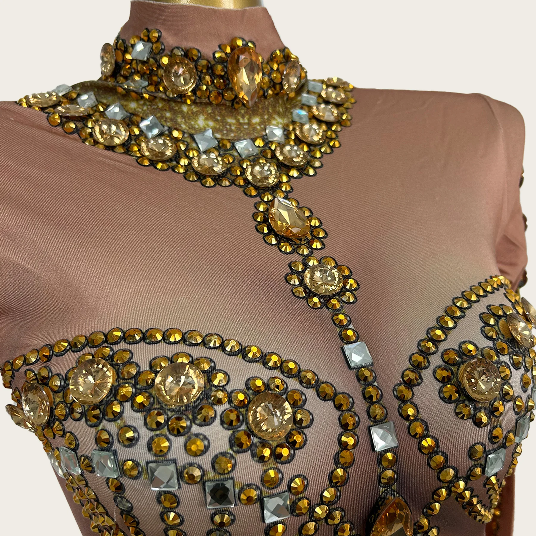 

Spandex Elastic High Neck Gold Tassel Mini Dress Sheer Mesh Long Sleeve Sparkly Rhinestone Stage Performance Costume Jinweiqun