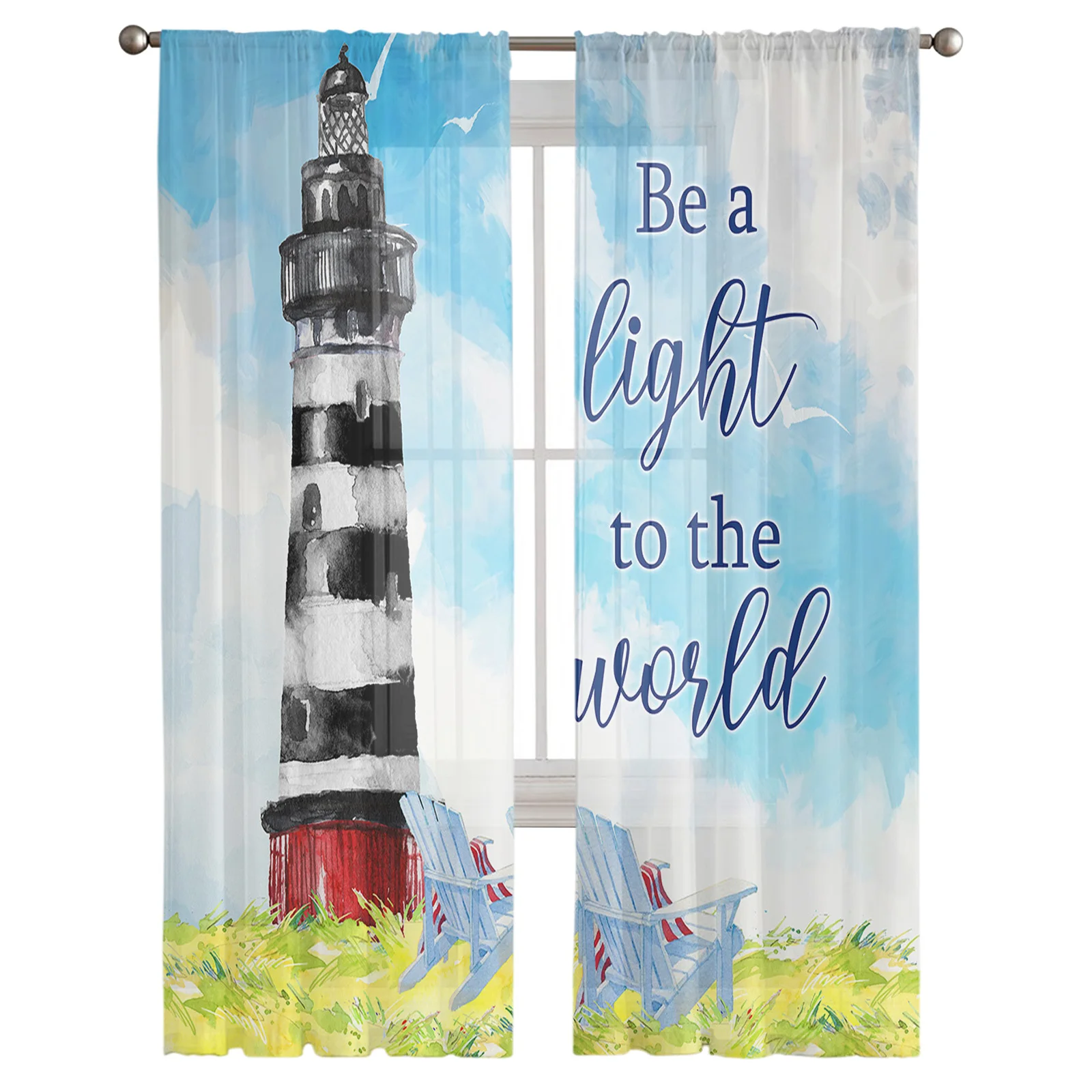 Lighthouse Beach Island Vintage Watercolor Tulle Sheer Window Curtains for Living Room Kitchen Bedroom Voile Hanging Curtain