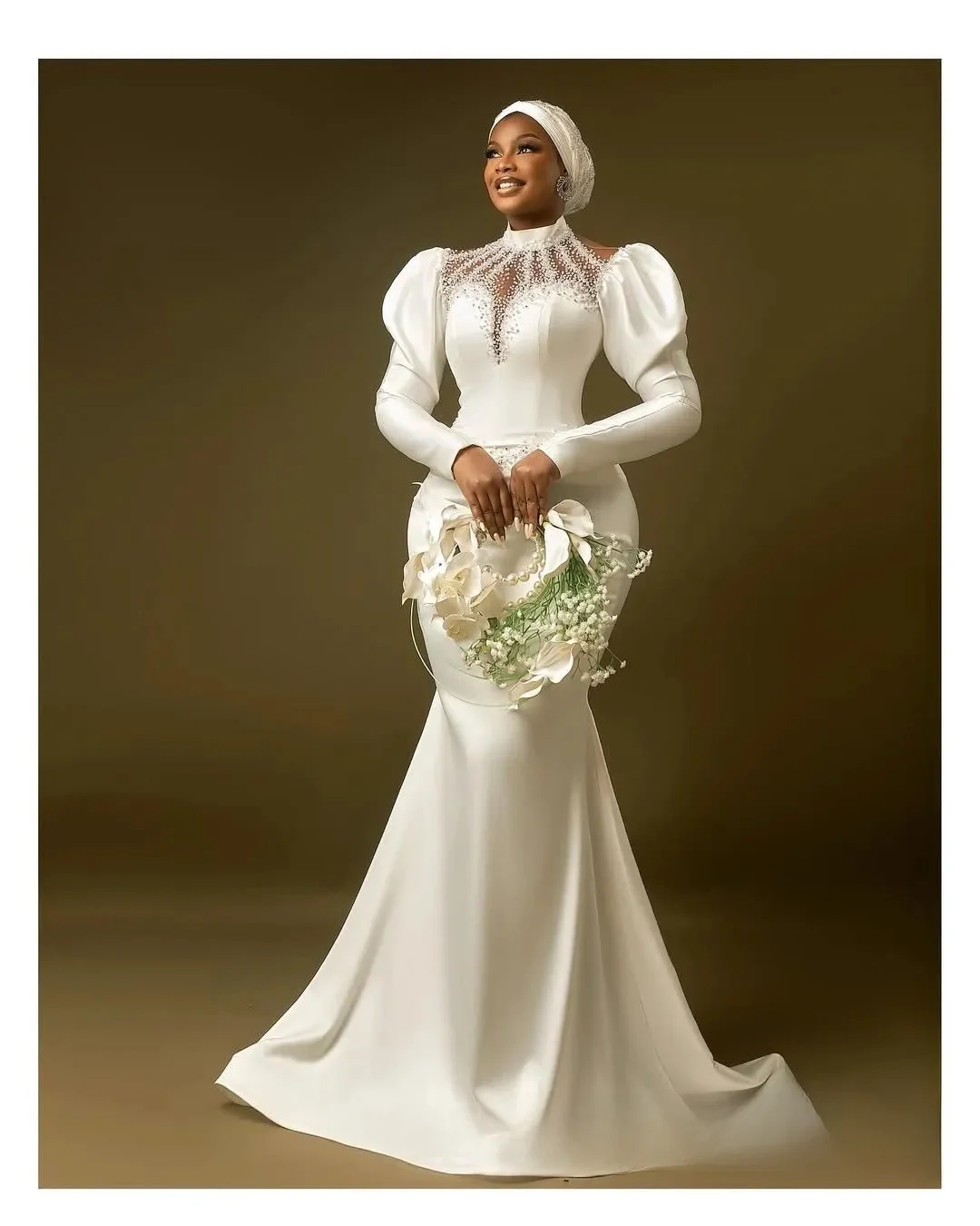 Customized Plus Size Mermaid Wedding Dress Bridal Gowns For Bride Detachable Train High Neck Illusion Long Sleeves Beaded Lace