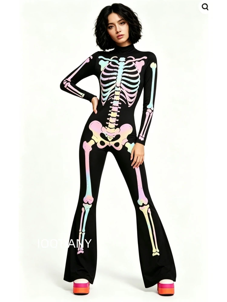 Mehrfarbiger Schlaghosen-Body mit Regenbogen-Effekt, ausgestellter Catsuit für Rave-Partys, Halloween, Schmetterlings-Skelett-Jumpsuit-Outfit 2026 – Detail 38