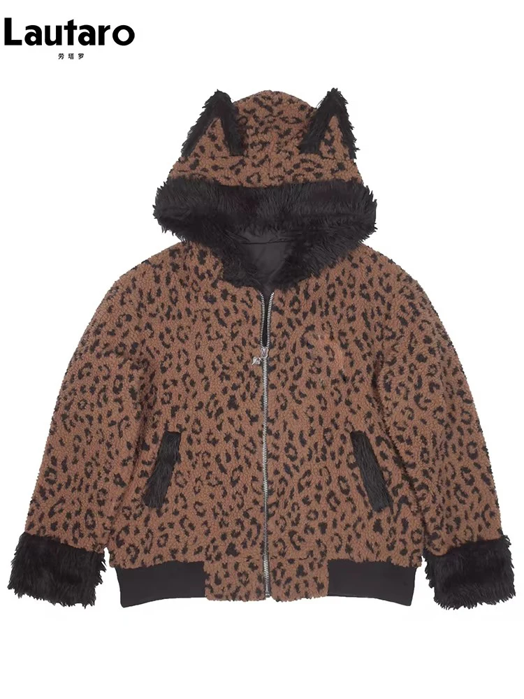 Lautaro Autumn Winter Sweet Cute Kawaii Warm Leopard Print Patchwork Faux Fur Hoodie Women with Bear Ears Fluffy Sherpa Jacket