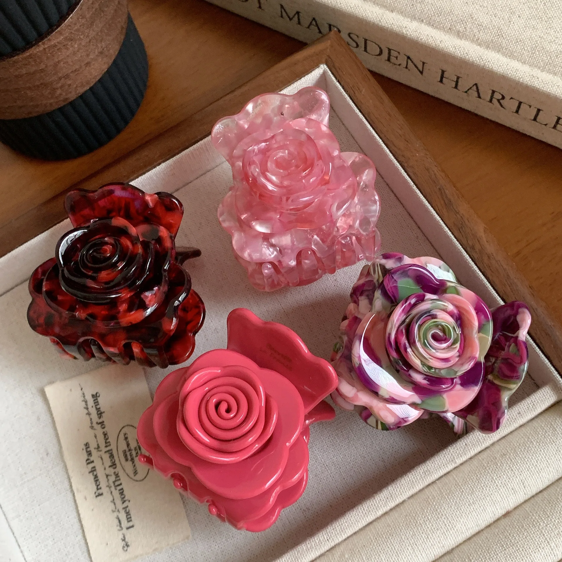 DuoShang French Sweet Colored Rose Hair Claw Acetate Claw Clips Flower Series Crab Hair Clips for Women Girls Hair Accessories