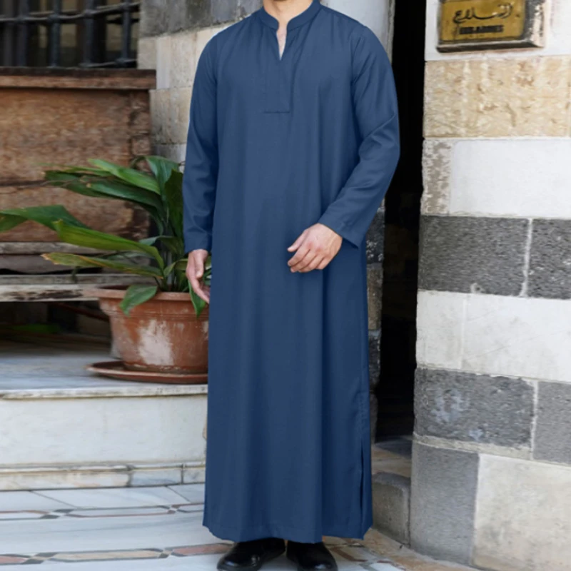 Men Muslim Shirt Robe Stand Collar Long Sleeve Islamic Arab Kaftan Streetwear Saudi Arab Thobe Indian Dress Robes Blouse