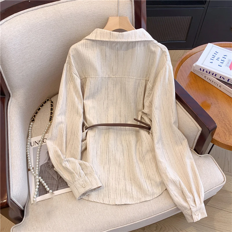 النمط الفرنسي الراقية بلايز السيدات موضة الخصر حزام قميص غير رسمي مع حزام الخامس الرقبة طويلة الأكمام قمصان فضفاضة للنساء