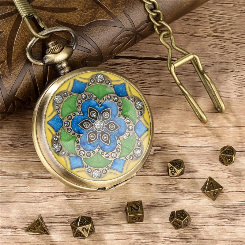 Vintage Tiny 7Pcs/set Metal Polyhedral Dices Role Play Gaming Dice with Crystal Flower Pocket Watch Case Pendant Chain