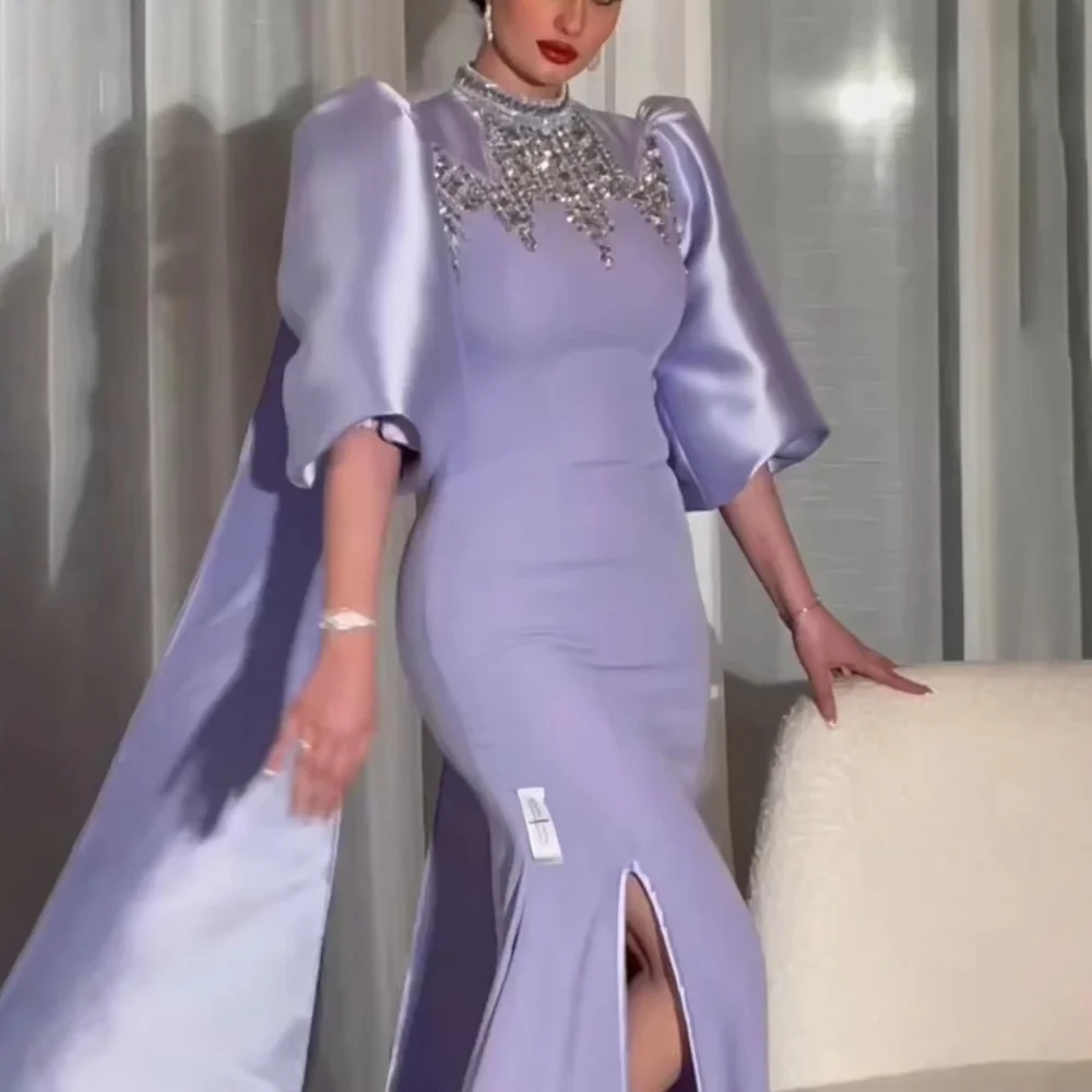 تخصيص رائعة Ruched س الرقبة المرأة فستان حفلة موسيقية نصف كم الساحرة عالية سبليت فستان الحفلات الديكور المرأة ثوب مسائي