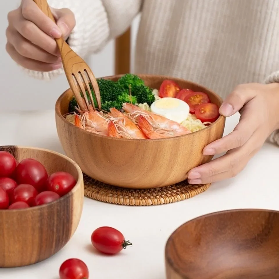 Household Solid Wood Bowl Japanese Acacia Wood Salad Mixing Wooden Basin Kneading Solid Wood Bowl Wooden Tableware Ramen Bowl