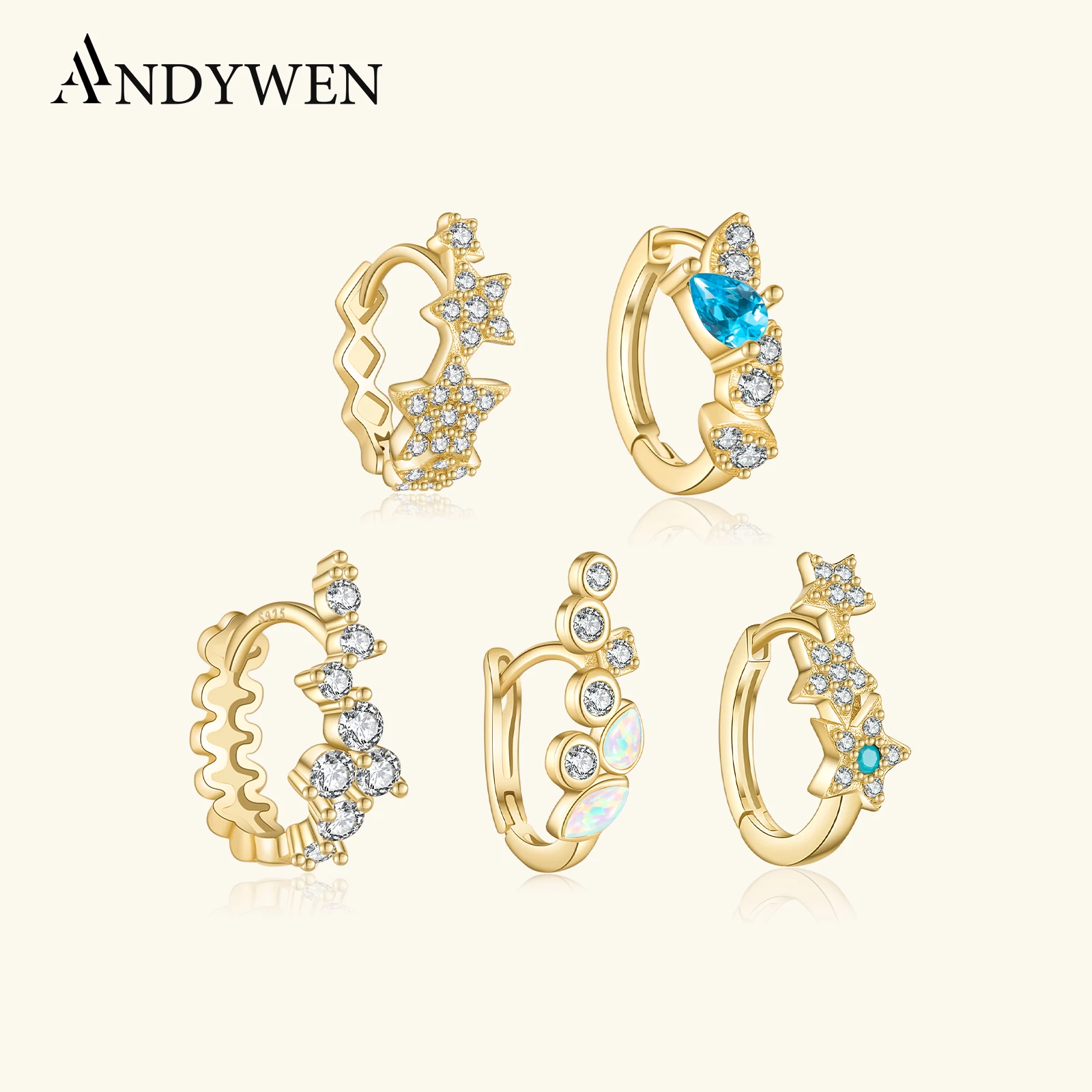 

ANDYWEN 925 Sterling Silver Irregular Star Light Blue Clear Zircon Hoop Huggies Earring Serie 1PCS Trendy Fine Jewels Women Gift
