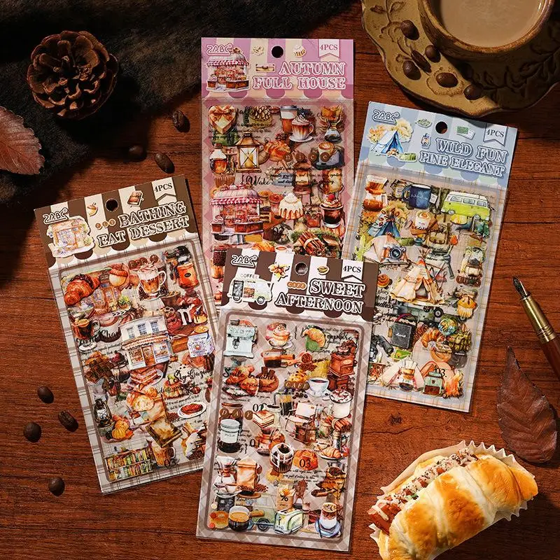 Paket Stiker 4 Lembar/Tas Stiker Datar Makanan Penutup Buku Tempel DIY & Dekorasi Perencana untuk Casing Ponsel Notebook