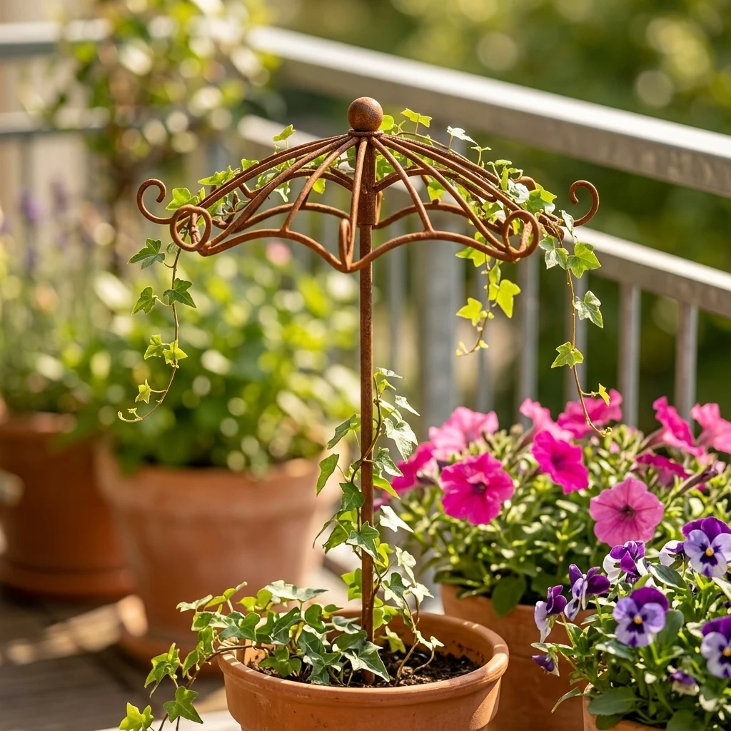 1 Pack Plant Climbing Trellis Rust-Finish Iron Vine Support Stake for Potted Roses Morning Glories Balcony Patio Yard Decor