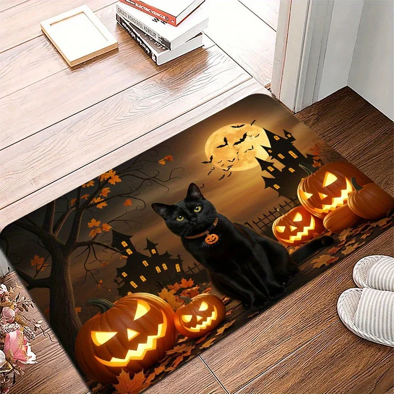 Large Halloween Doormat Featuring a Black Cat & a Ghostly Castle - Made of Non-Slip,Polyester,Adorned with Bats,Jack-O'-Lanterns