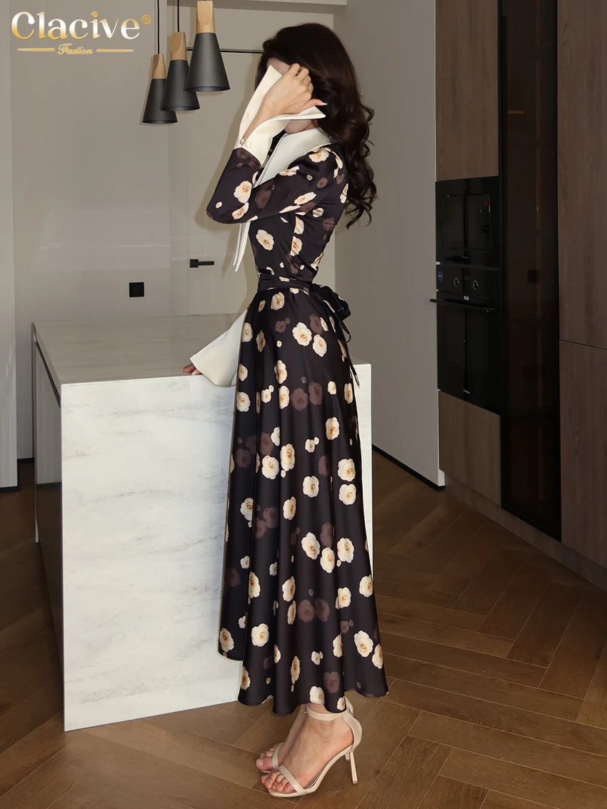 Clacive Fashion Slim Print Women's Dress Autumn Lapel Long Sleeve Ankle Length Dresses Elegant Classic High Waist Female Dress view 4
