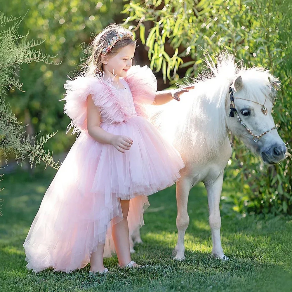 Yipeisha-Vestidos de Fiesta de plumas para niñas, cuello cuadrado, volantes, una línea frontal, espalda corta, Vestido largo de tul para niñas, vestido de comunión