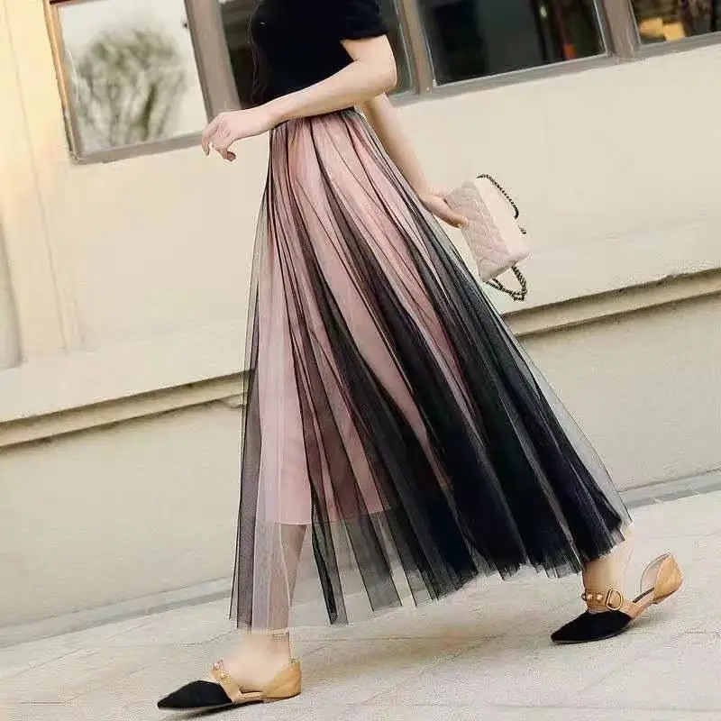 2022 Spring Summer New Vintage Office Lady Tulle A-line Skirt Women Elastic High Waist Mesh Pleated Long Skirt Female Streetwear