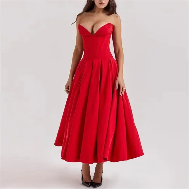 European and American style sexy tube top fishbone waist slimming tube top dress female fashion high-end temperament long skirt