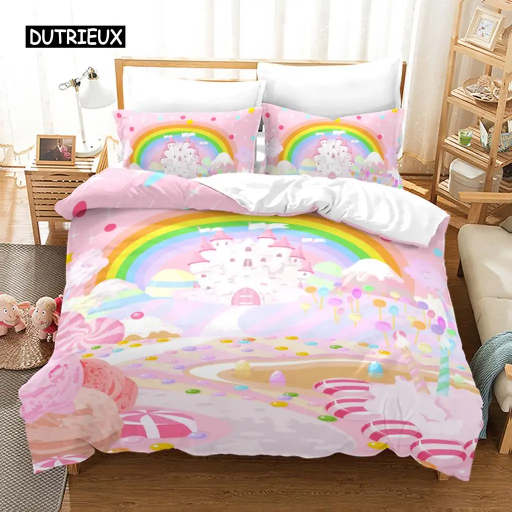 

Rainbow Duvet Cover Set King Microfiber Girly Aesthetic Rainbows Bedding Set for Kids Kawaii Castle Dessert Pattern Quilt Cover