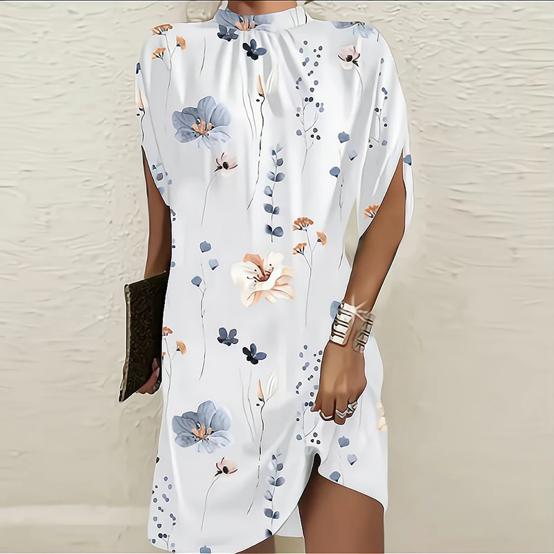 Autumn New Fashion O Neck Dress For Women Loose Casual Solid Printed Batwing Sleeve Elegant Commute Party Dresses Female Vestido