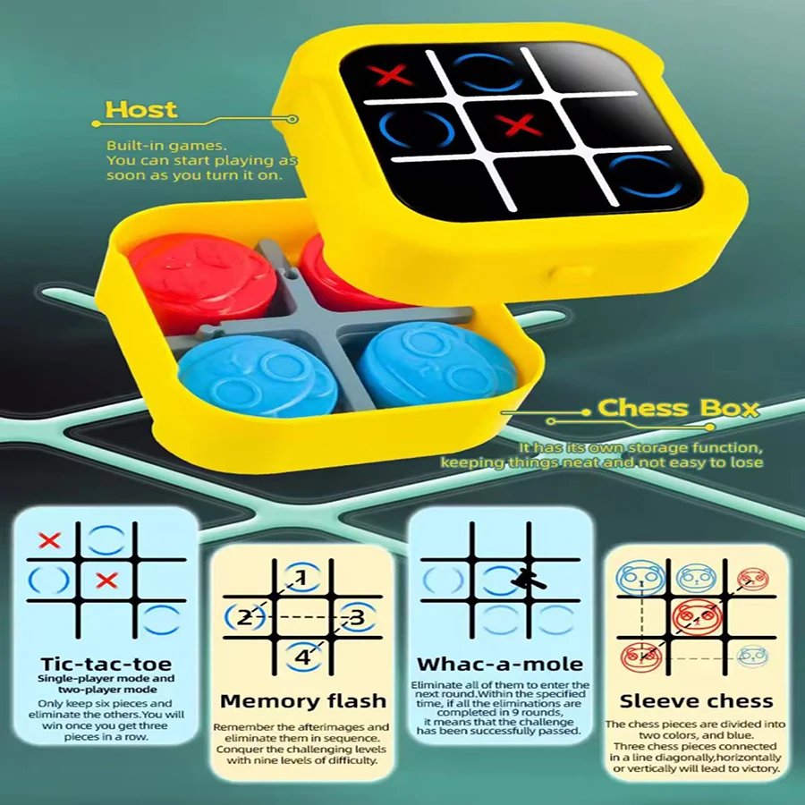 1 piece- Tic Tac Toe Board Multifunctional Electronic Game Montessori Puzzle Table Game Chess Board Set Adults Children Portable