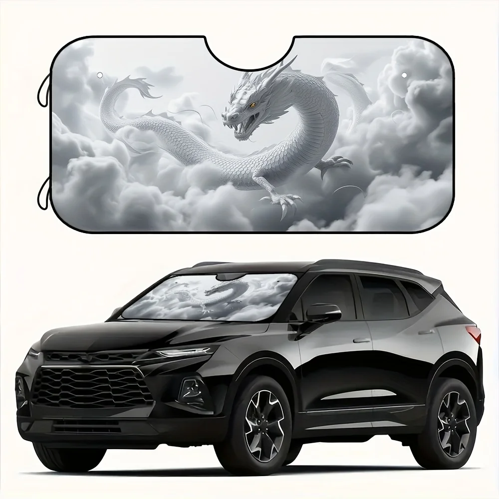 

1pc Dragon Design Car Windshield Sunshade - Foldable Fit Sun Visor With Mystical Dragon & Clouds Print, Lightweight Polyester Fa