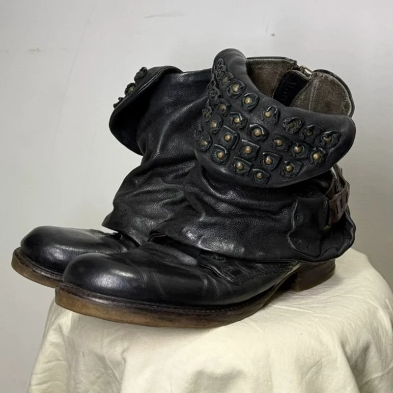 Punk Street Studded Strap Slouch Mid Calf Boots Men Dark Retro Rock Rivet Knight Boots Leather Work Western Motorcycle Boots