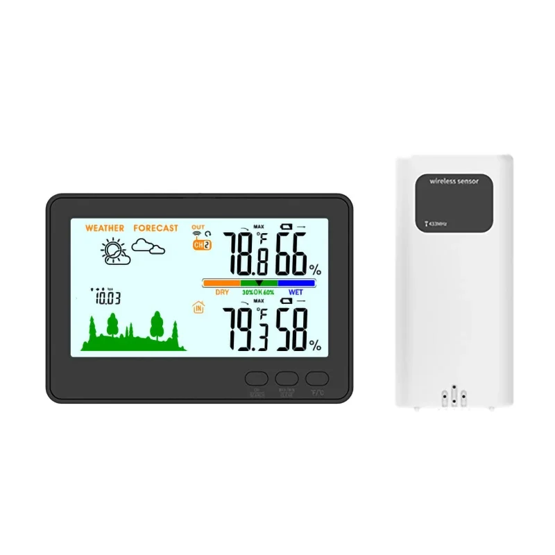 محطة الطقس اللاسلكية في الأماكن المغلقة في الهواء الطلق ميزان الحرارة الرطوبة عرض الألوان الرقمية توقعات الطقس على مدار الساعة للمنزل #2