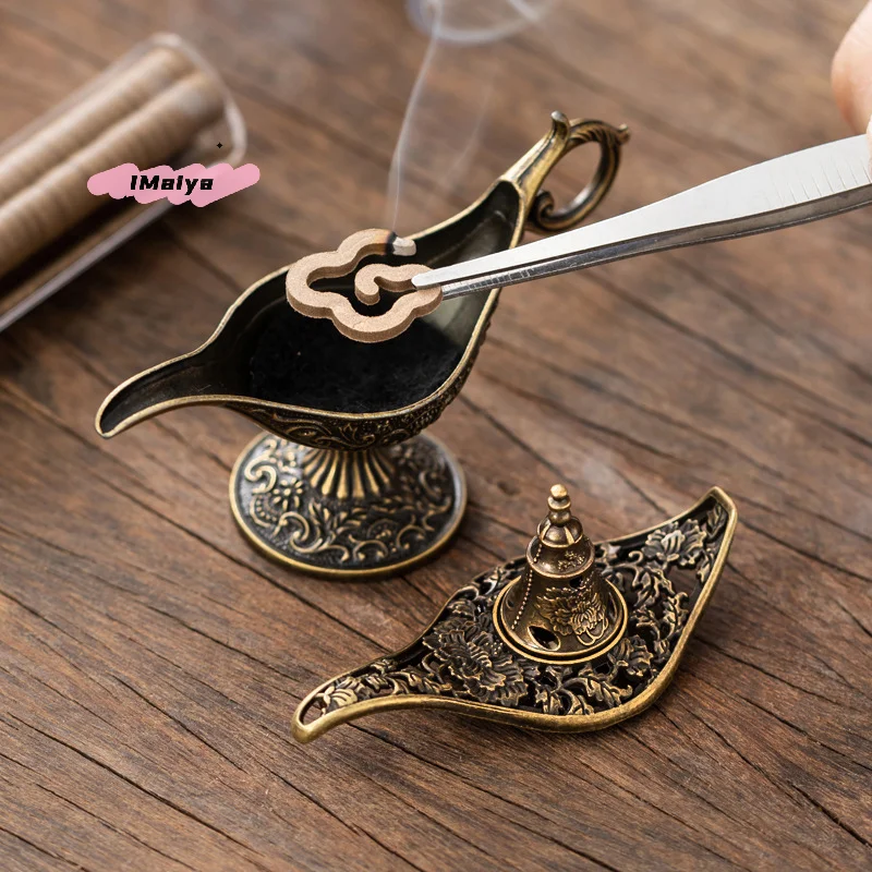 Lámpara de Aladino de Estilo Antiguo, Quemador de Incienso de Metal, Portavelas Aromático y Sin Aroma, Decoración para el Hogar, Regalo, Quemador de Incienso Árabe (1 Pieza)