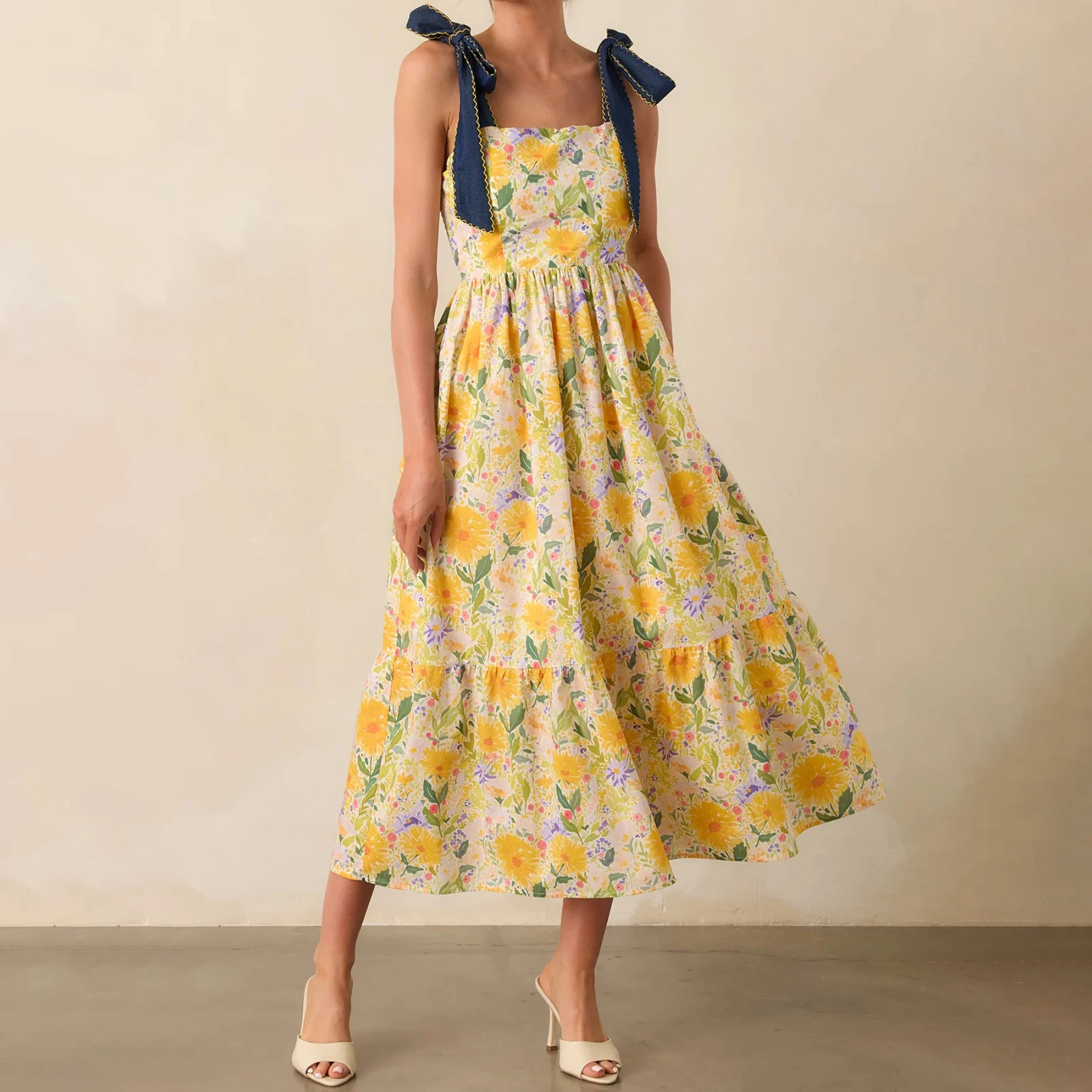 Feiertags-Damenkleid mit Spaghettiträgern und Blumenmuster, stilvolles, ärmelloses, schulterfreies, langes A-Linien-Kleid für Frühling und Sommer