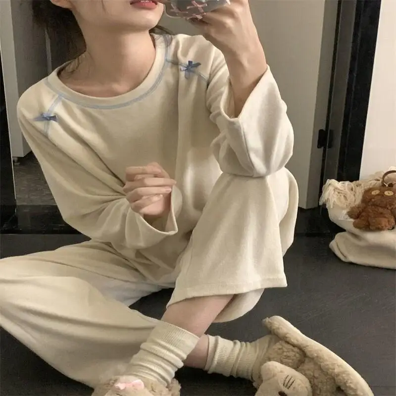 

Korean Style Pajamas Bow Tie Pajamas Girl Autumn and Winter Long Sleeved Trousers Simple Style Student Dormitory Home Clothes
