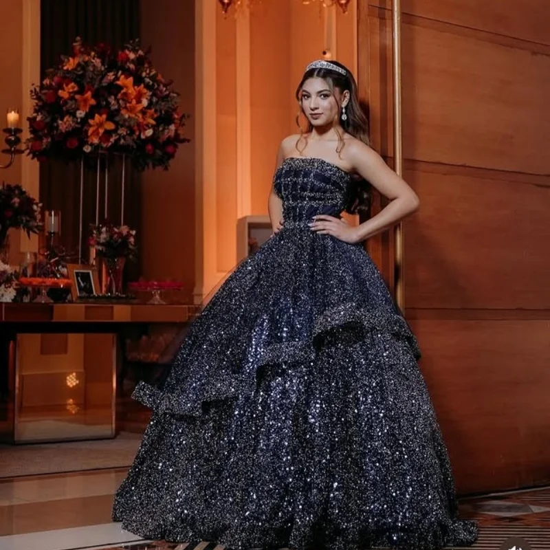 

Customized Shiny dark blue Quinceanera Dresses Off the Shoulder Tull layering Long tail Vestido De 15 Quinceanera