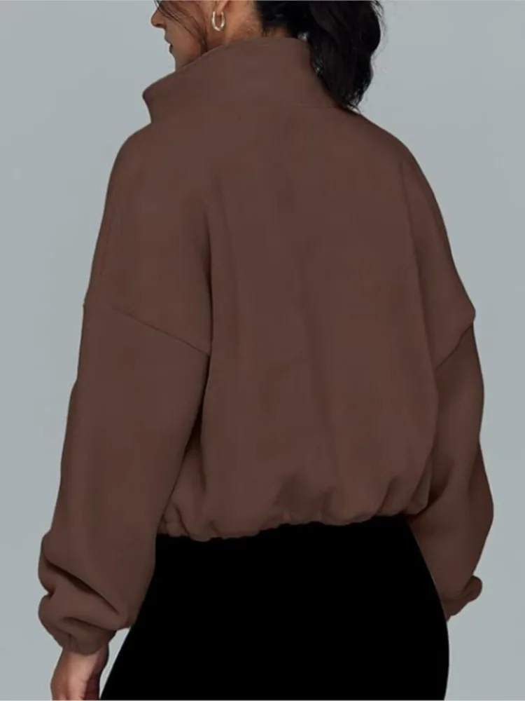 Mantel Longgar Kasual untuk Wanita Jaket Lengan Panjang Modis Mantel Kerah Berdiri Ritsleting Warna Solid Jaket Wanita Musim Gugur Musim Dingin