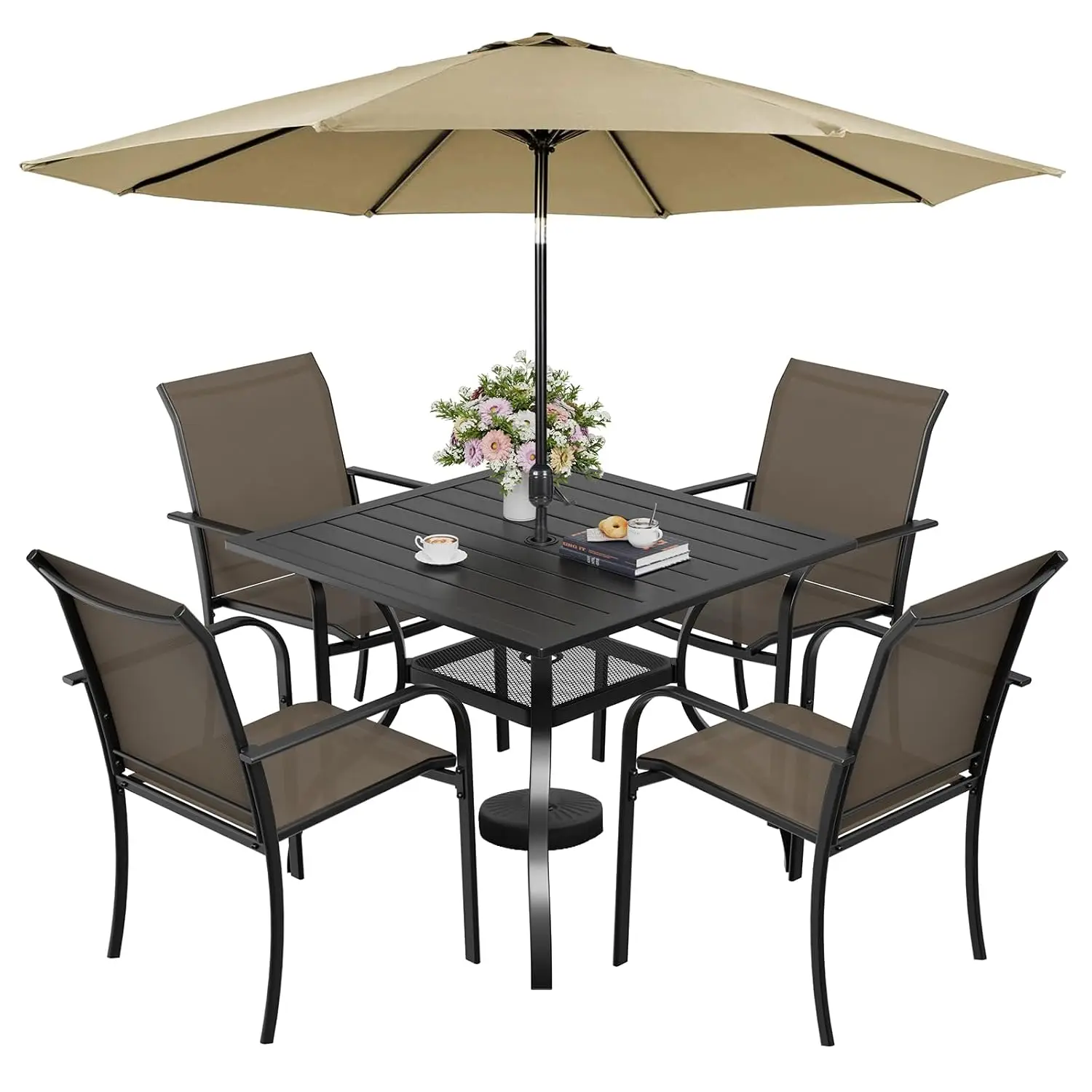 6-Piece Patio Furniture Set with Brown Umbrella, Patio Table and Chairs Set of 4 Textilene Chairs and Square Table with Umbrella