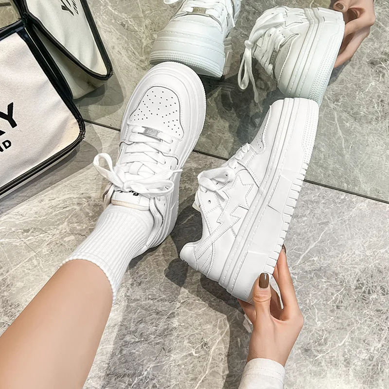 Women Thick Bottom Bread Shoes Flat Platform Sneakers Spring Casual White Round Toe Low-top Ladies Skate Sneaker Shoes