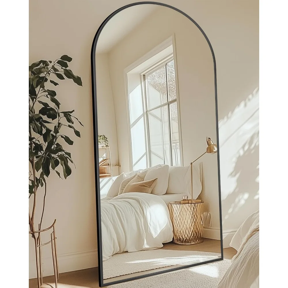 Grote vloerstaande gebogen full-body spiegel met aluminium frame, 71x28 inch, vrijstaande spiegel over de volledige lengte voor thuis