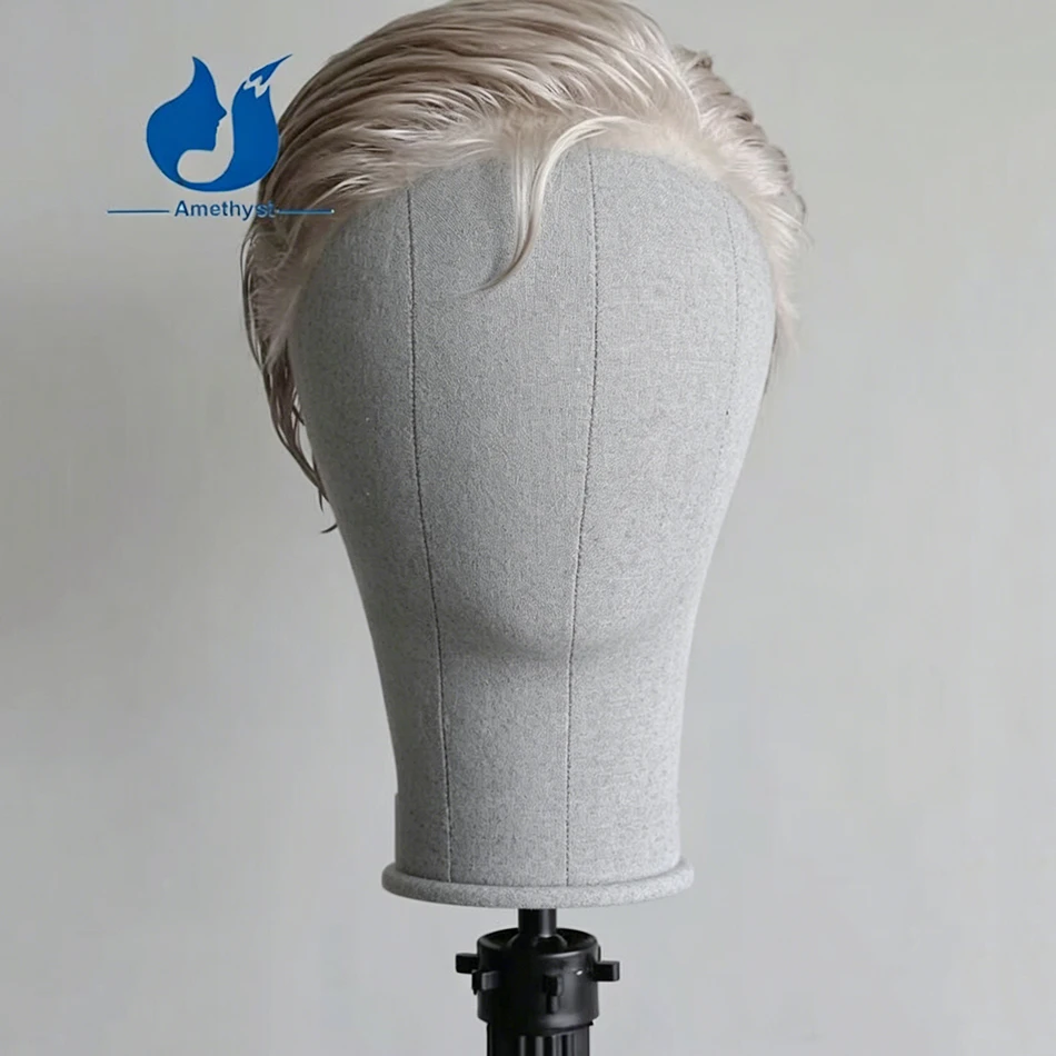 

Amethyst Short Pixie Cut Wig for Men Platinum Blonde #60 Full Lace Wig Shaved Sides with Sideburns Human Remy Hair Pre-Styled